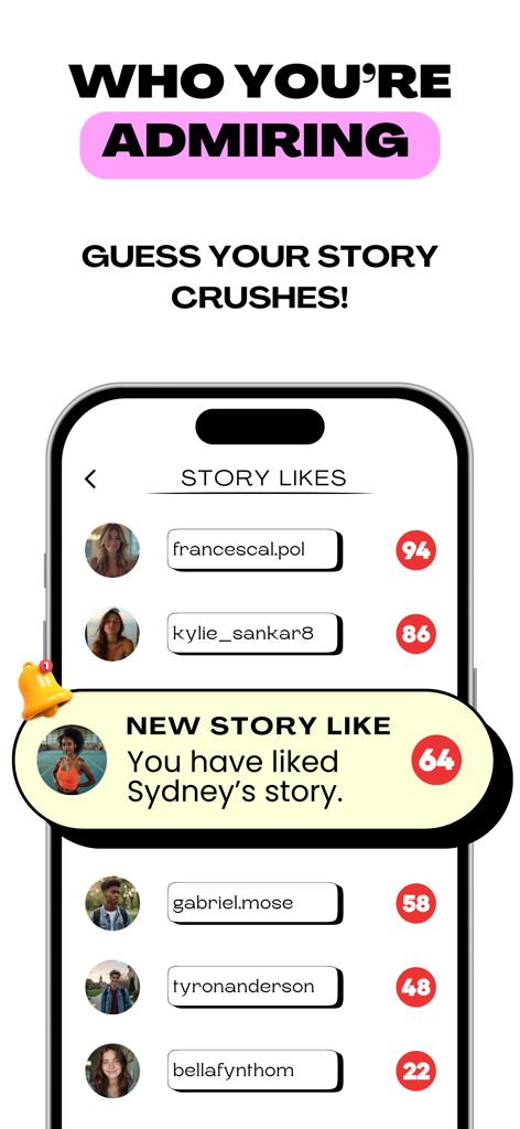 Report King Followers Tracker - Interface of the Report King app showing a list of Instagram profiles and the number of story likes given to identify story crushes.