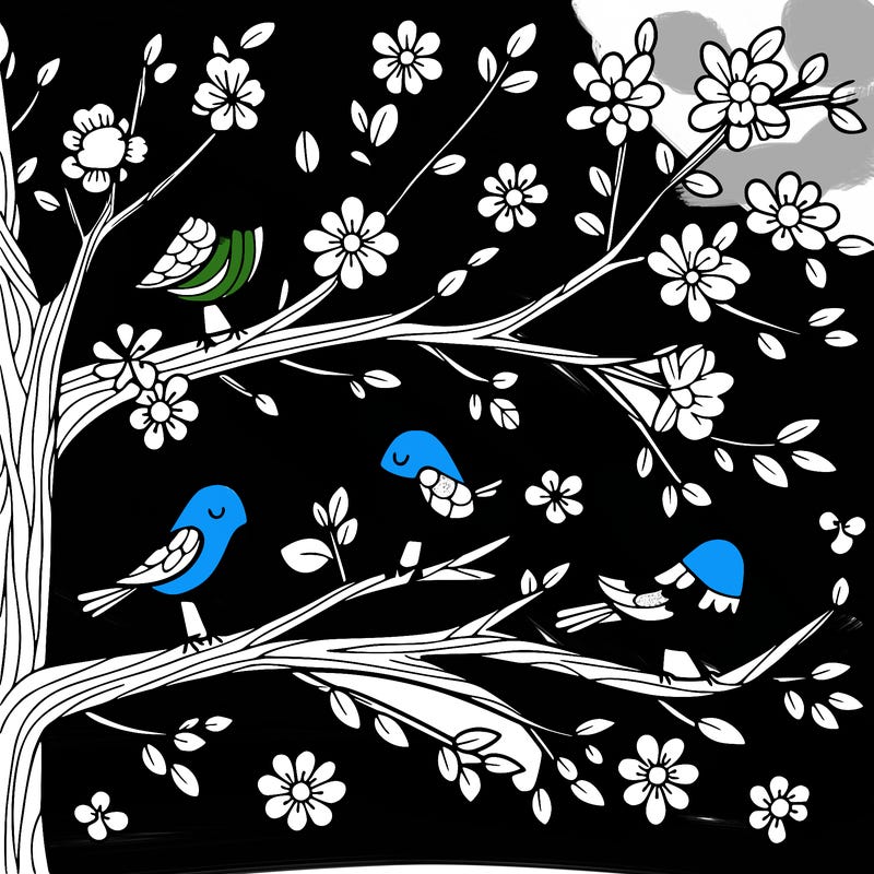tree branches with birds and flowers