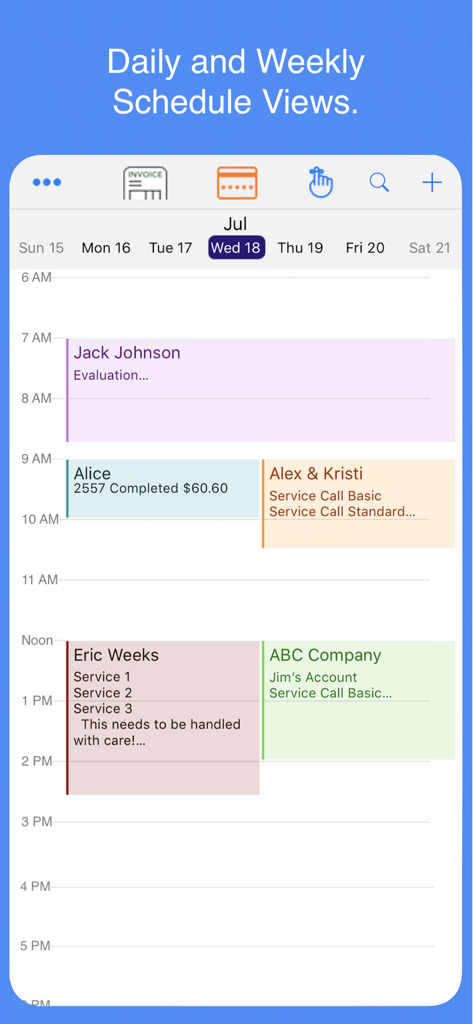 Vista del horario diario y semanal que muestra múltiples citas de clientes en la aplicación