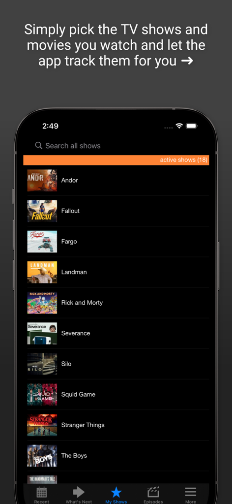 Next Episode - Track TV Shows - Interface of the Next Episode app showing a personalized library of tracked TV shows