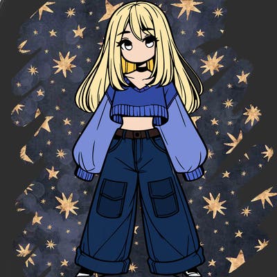 cute girl with straight hair in baggy jeans and a crop top and a sweater