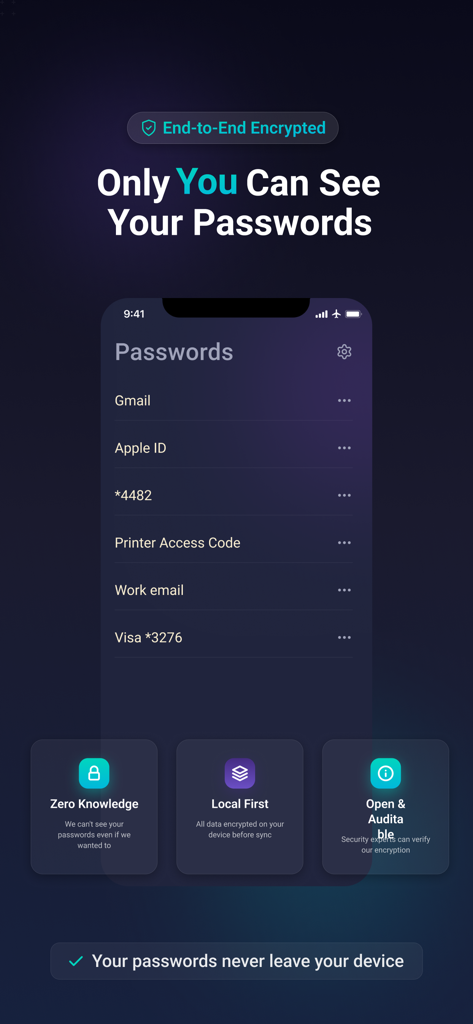 Passkeep - Password Keeper - Passkeep app screen showing an encrypted password vault with local storage and zero knowledge security features