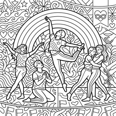 This intricate coloring page beautifully captures the spirit of emotional expression through dance, set against a vibrant Pride Month celebration. Discover a scene teeming with diverse figures, symbols of love, and intricate patterns ready for your creative touch.