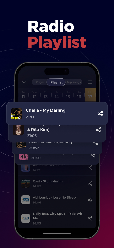 Radio France FM Live Online - 曲名とタイムスタンプ付きのラジオ局プレイリストを表示するiPhoneのスクリーンショット