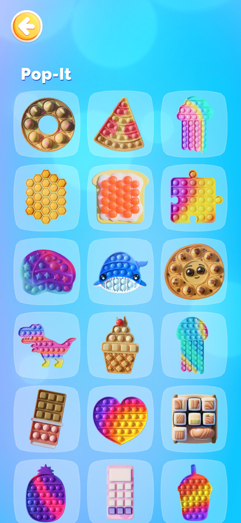 Bubble Pop: Tap Bubbles Game - Un menu affichant une variété de jouets pop-it numériques colorés dans des formes comme des aliments, des animaux et des motifs géométriques.