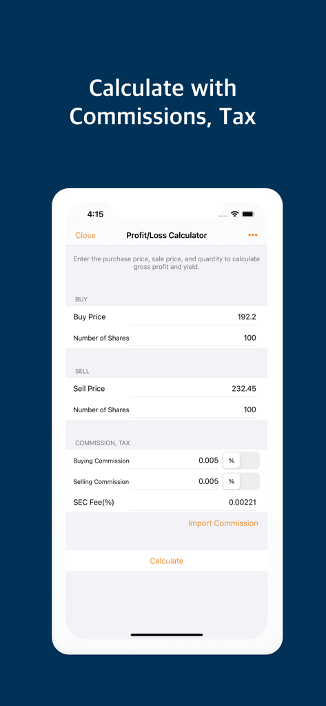 Smart Stock Calculator - Smart Stock Calculator interface showing profit and loss calculation with commissions and taxes