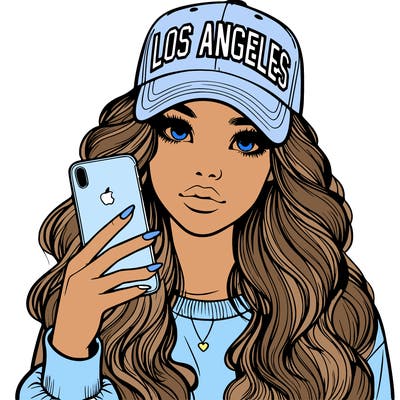 realistic beautiful girl wearing los ángeles cap holding an iphone