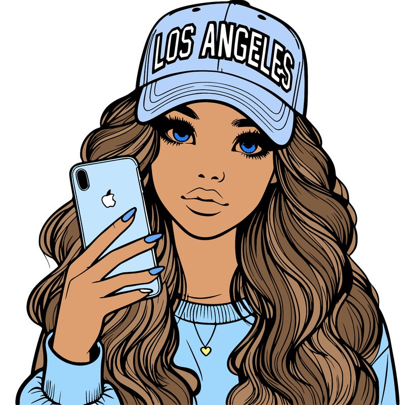 realistic beautiful girl wearing los ángeles cap holding an iphone