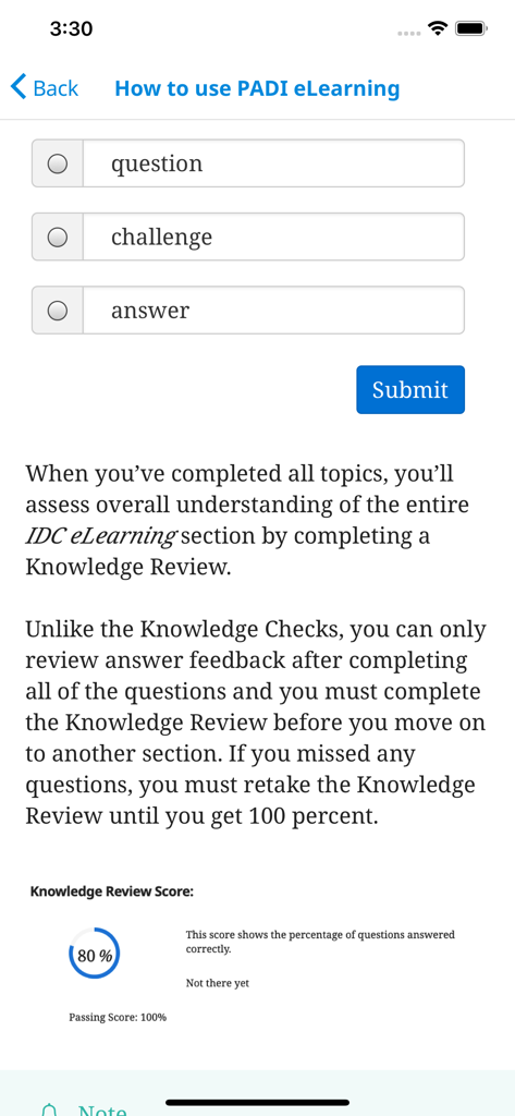 PADI Training app knowledge review screen showing quiz questions and an 80 percent score.
