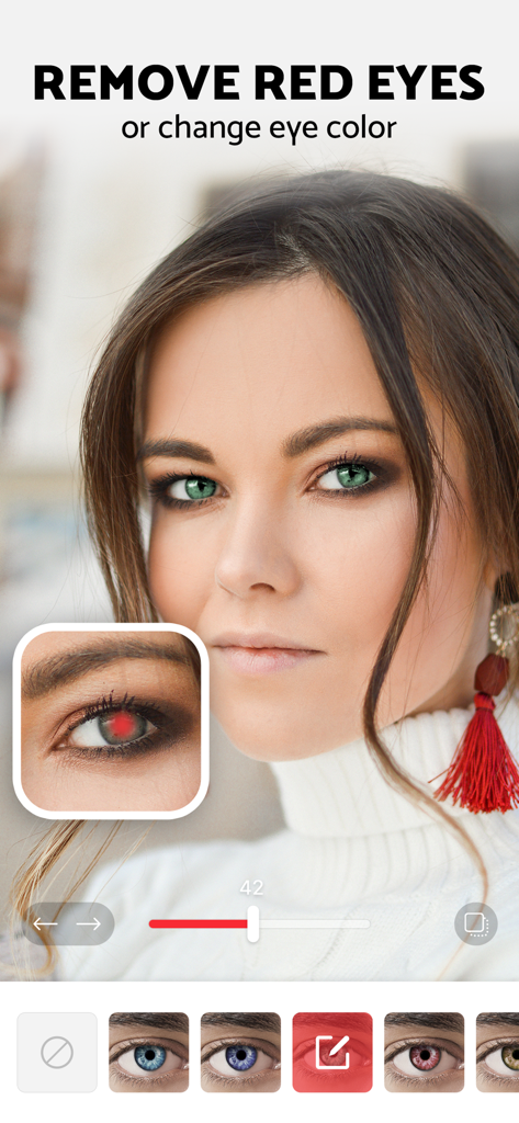 Pixl: Face & Red Eye Corrector - Pixl app interface showing the red eye removal and eye color change feature on a portrait