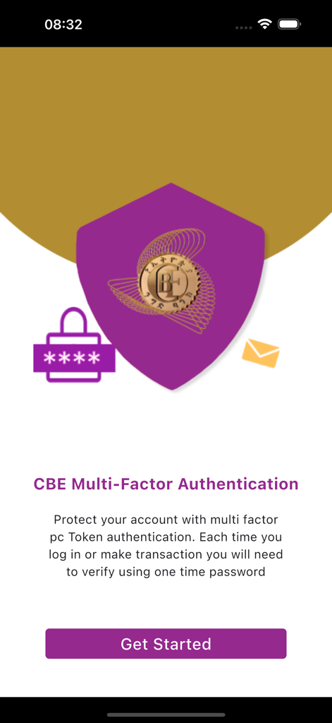 CBE Soft Token - CBE Multi-Factor Authentication app welcome screen with Get Started button