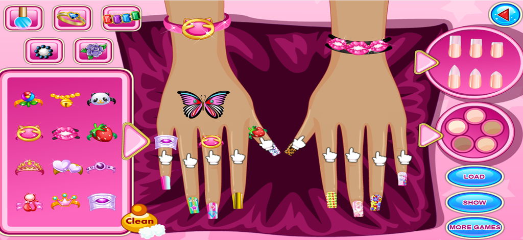 My Fashion Nail Salon Game - ファッションネイルサロンゲームのインターフェースで、パターン化されたネイルとカラフルなジュエリーで飾られた手元。