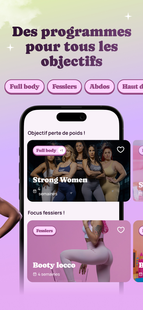 Interface of the Fitness Camp app displaying various workout programs for women like Full Body and Glutes.