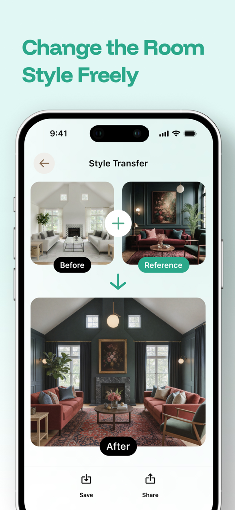 Mobile app interface demonstrating AI style transfer to transform a bright living room into a dark moody interior design style