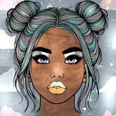 realistic girl with two buns on her hair and lips
