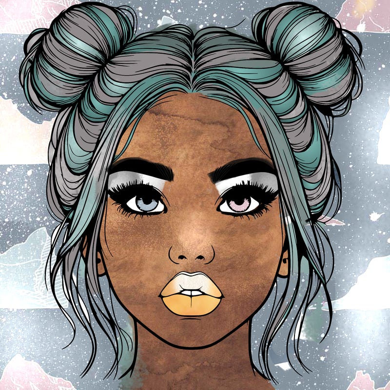realistic girl with two buns on her hair and lips