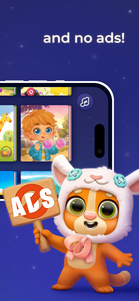 Little Stories: Bedtime Books - Capture d'écran de l'application Little Stories montrant un personnage tenant un panneau « Pas de publicité » sur fond étoilé