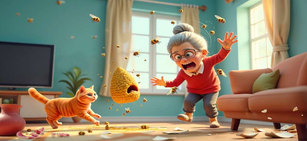 Granny With Cat - An elderly woman looking surprised as bees swarm around her and a ginger cat in a living room