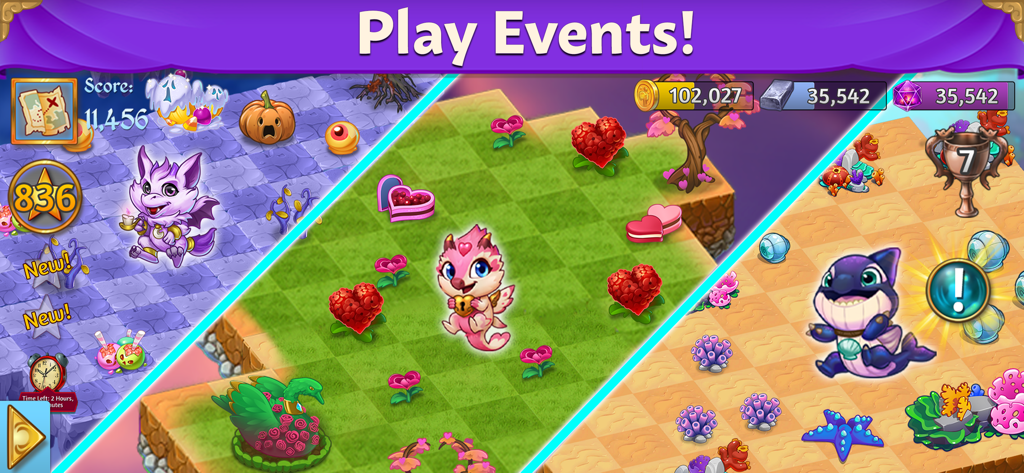 A collage showing three different themed events in Merge Dragons including Halloween, Valentine, and underwater themes with unique dragons