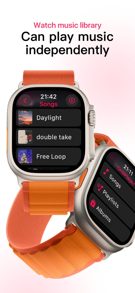 One Player App-Oberfläche auf der Apple Watch, die eine Offline-Musikbibliothek und eine unabhängige Wiedergabefunktion zeigt