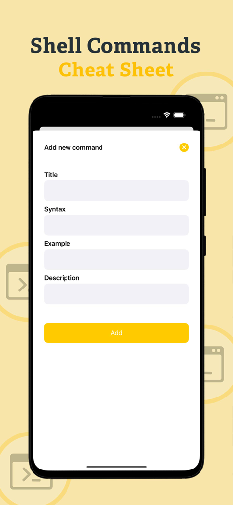 Interface d'application mobile montrant un formulaire pour ajouter une nouvelle commande shell avec des champs pour le titre, la syntaxe et la description