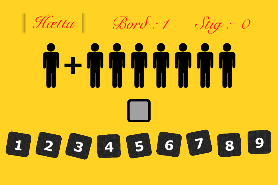Stærðfræðileikurinn - A screen from a kids math game showing an addition problem with stick figures and number buttons