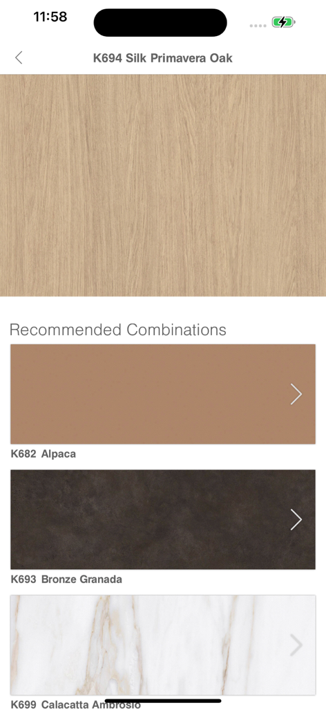 Kronodesign - シルクプリマベーラオーク材のデコールと推奨される素材の組み合わせを示すアプリ画面。