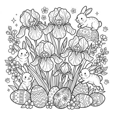 Bring the joy of Easter and the beauty of spring to life with this delightful coloring page. Featuring charming irises, cute bunnies, and intricately designed Easter eggs, it's perfect for young artists.