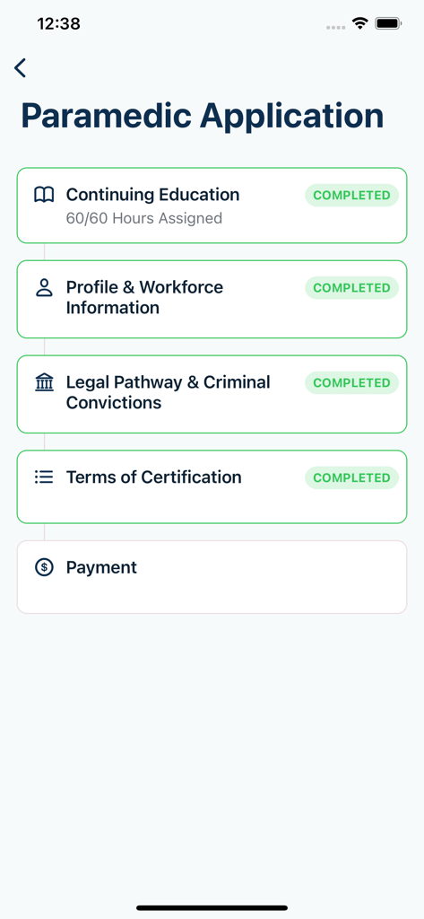 Checklist for a Paramedic application in the NREMT app showing completed sections.