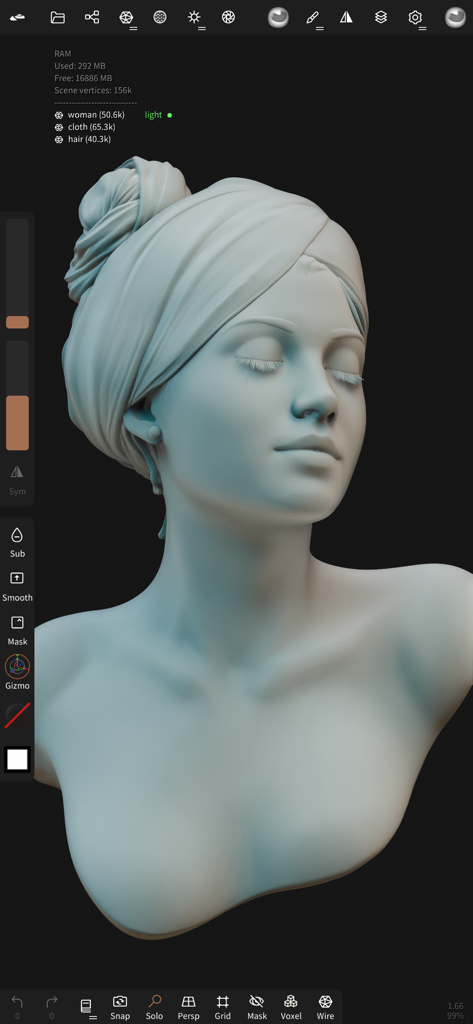 A detailed 3D digital sculpture of a female bust with a head wrap being edited in the Nomad Sculpt interface