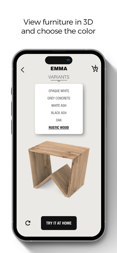 Mobili Fiver - Interfaccia dell'app Mobili Fiver che mostra una vista 3D di un tavolo Emma con diverse opzioni di colore e finitura