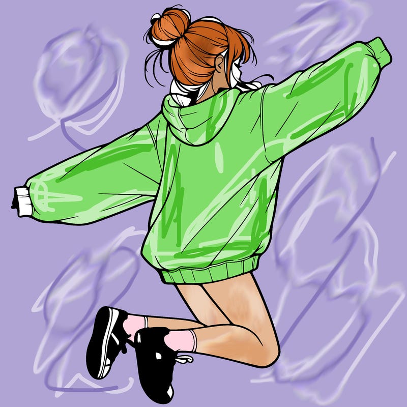 realistic girl jumping with a bun and oversized sweatshirt