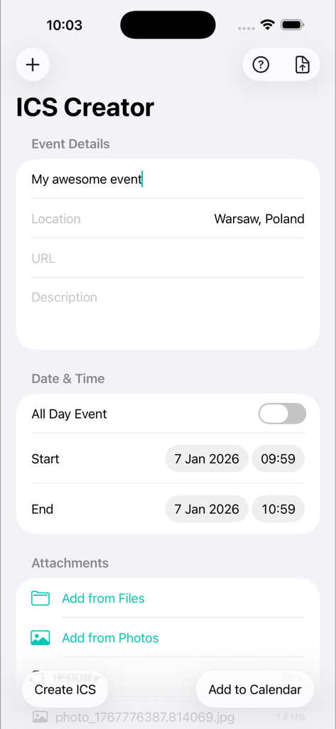 Interface of the ICS Creator app showing event creation fields including name location date and file attachment options