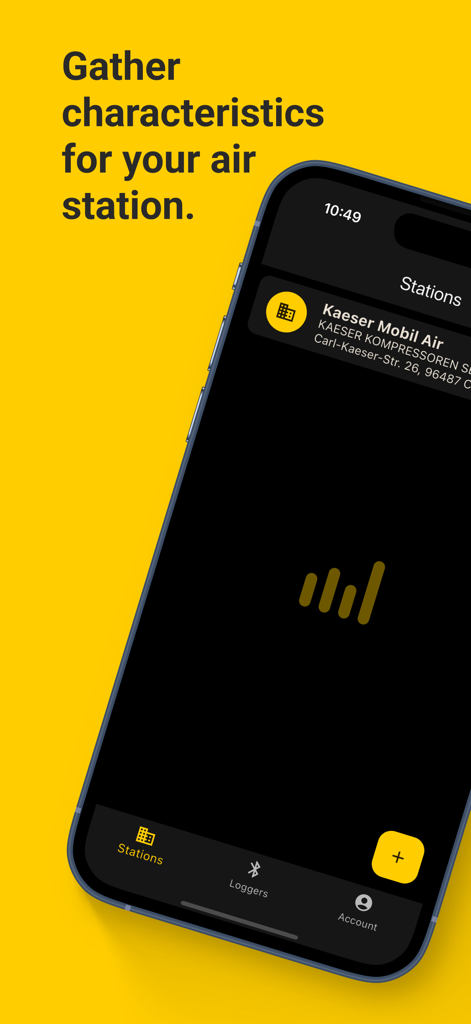 Mobile interface of the Kaeser Air Demand Analysis app showing a list of compressed air stations for industrial energy auditing.