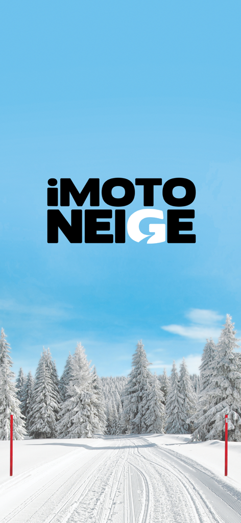 iMotoneige app logo over a groomed snowmobile trail in a snowy forest