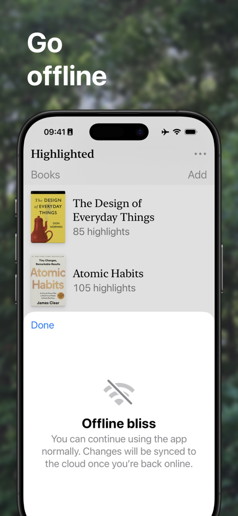 Smartphone screen showing Highlighted app offline mode with a list of books and a notification about syncing changes once back online