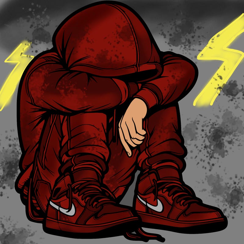 depressed man wearing hoodie and jordan shoes and baggy jeans
