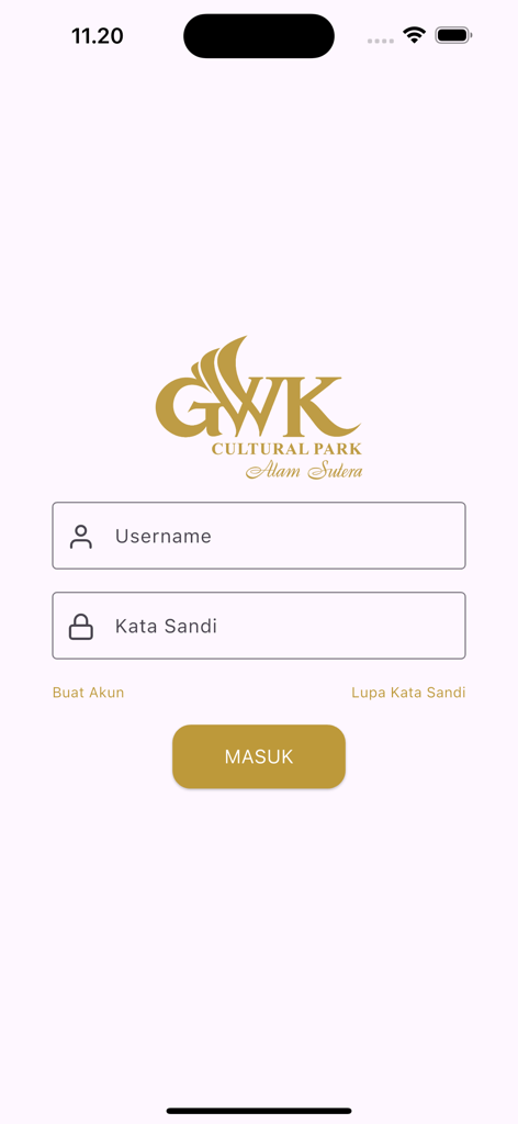 Login screen for the GWKu app featuring the GWK Cultural Park logo and username field