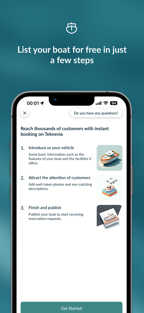 Teknevia - Boat&Yacht Rentals - Tekneviaアプリにボートを無料でリストする3ステッププロセスを示すモバイル画面