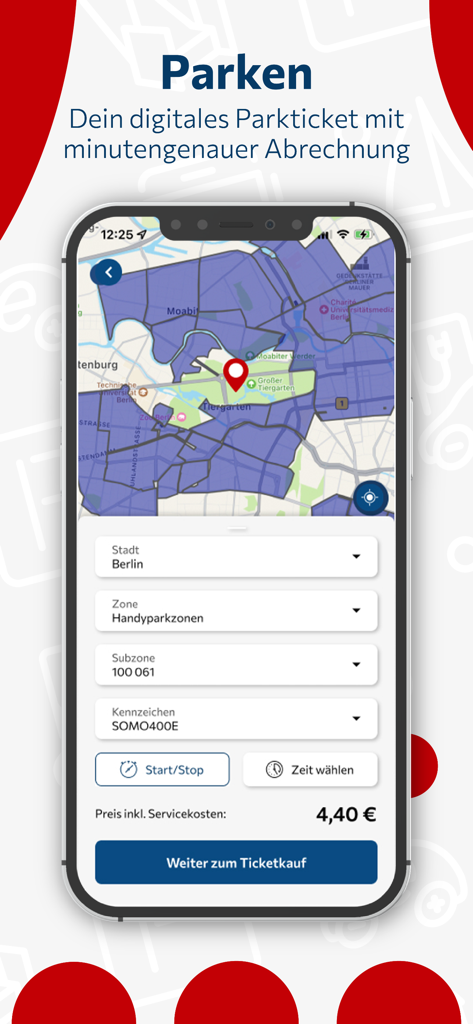 mobilet.de - Mobilet app interface displaying a map of parking zones in Berlin and digital ticket options.
