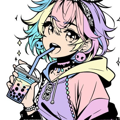 hot baddie anime girl drinking boba and biting the straw