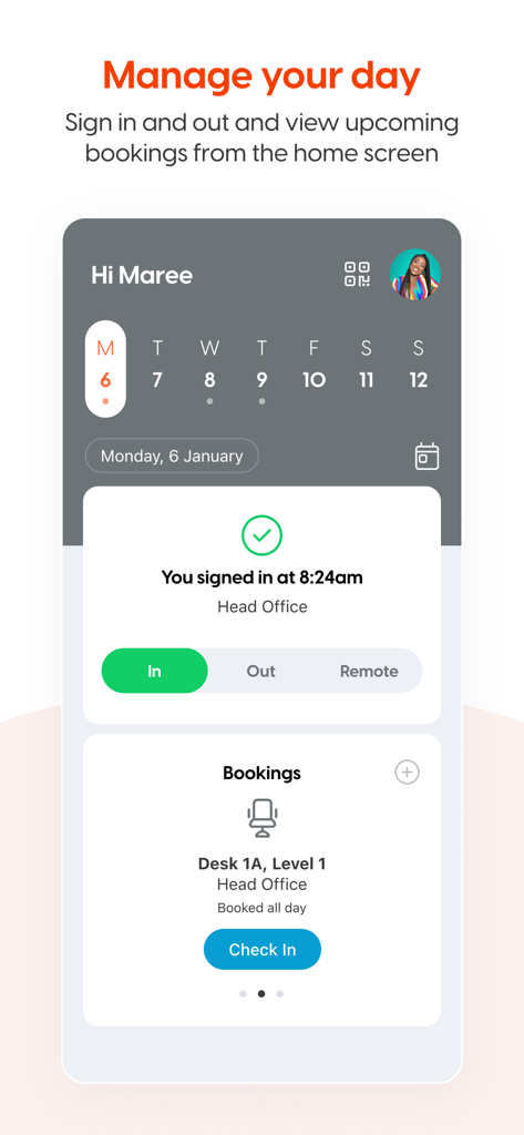 SwipedOn Pocket app dashboard showing sign-in status and desk booking management for hybrid work