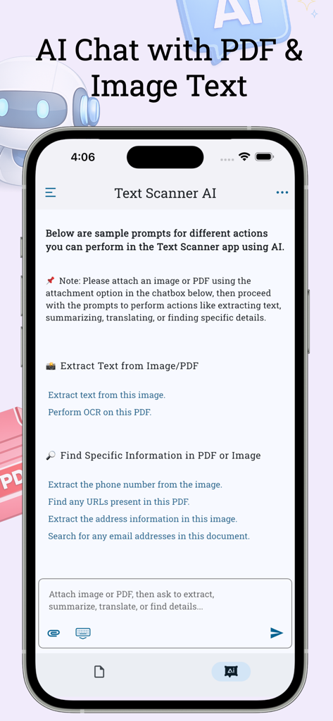 Text Scan : Image to Text OCR - Interfaz de chat de IA en la aplicación Text Scanner para extraer y analizar texto de imágenes y PDFs.