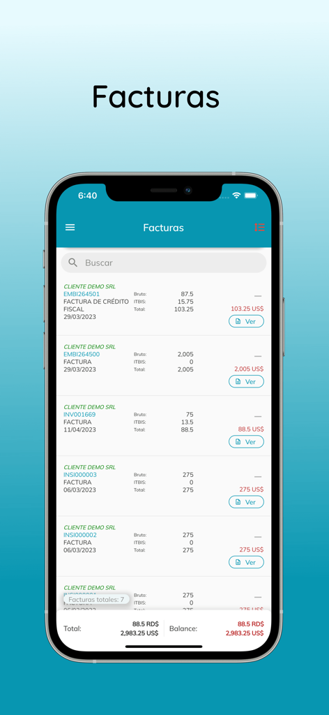 McLogs - Mobile app screen showing a list of logistics invoices with amounts in dollars and Dominican pesos