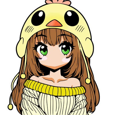 anime girl with chick shaped hat with sweater with bare shoulders with bangs covering them one eye with low tail