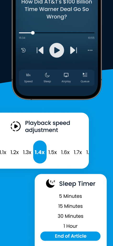 Interfaccia dell'app Noa che mostra la regolazione della velocità di riproduzione e le opzioni del timer di spegnimento per gli articoli audio