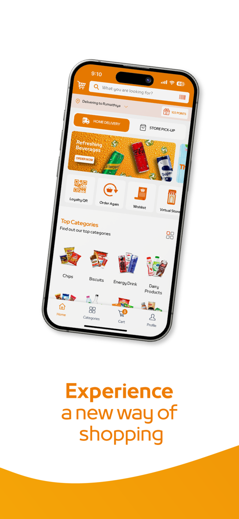 Trolley – ترولي - Trolley mobile app home screen displaying snack categories and delivery services