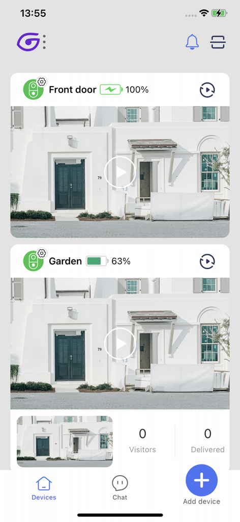 Gazing app interface displaying security camera feeds for front door and garden with battery levels