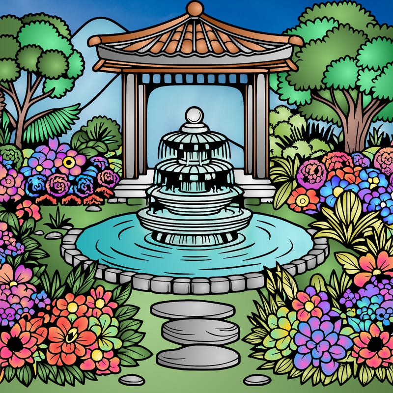 a most beautiful looking zen garden with a fountain and beautiful flowers