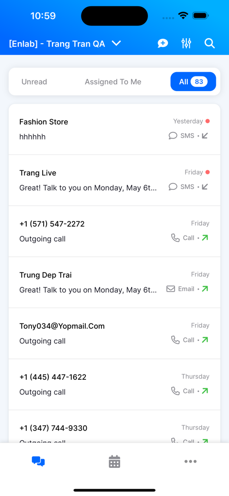 WooSender mobile app inbox displaying multi channel lead communications and follow up history